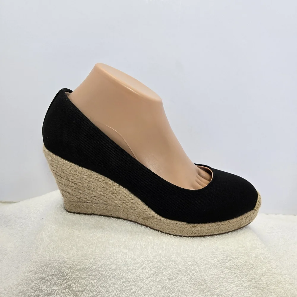 J. Crew Seville Espadrille Wedges Black Round Cap Toe Size 9 Platform Canvas